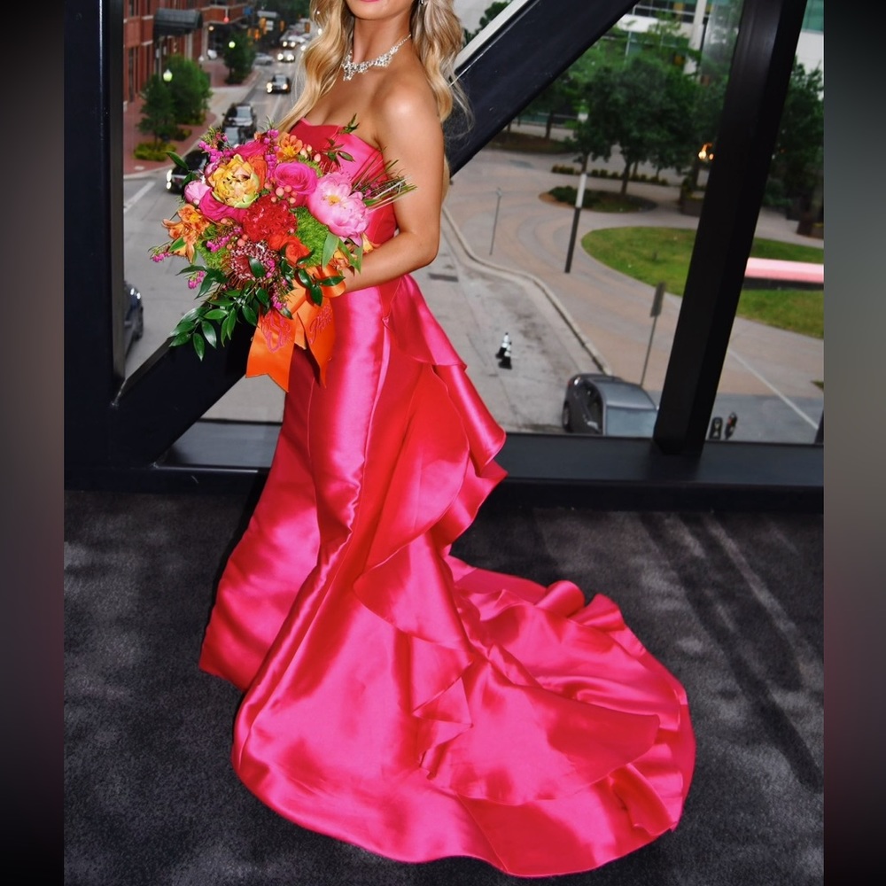 Size 0 Sherri Hill Hot Pink Ruffle Prom Dress (dress style # 54257)